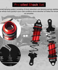 Close-up view of a two pack 110mm one eighth scale RC car front shock absorbers set adjustable dampers in red and black.
