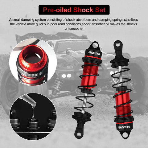 Close-up view of a two pack 110mm one eighth scale RC car front shock absorbers set adjustable dampers in red and black.