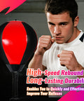 Boxing Speed Ball With 8mm Screw Mount and Replaceable Sandbag for dynamic training shown next to boxer preparing for hooks and jabs.