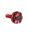 CNC Machined Knurled Harley Seat Bolt Kit with a hard anodized finish and one quarter inch threads, red and black bolt close-up
