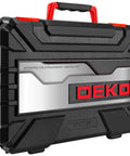 158 Piece Home Tool Kit With Plastic Storage Case, shown closed with a black and red design and carry handle