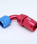 Close-up of red and blue swivel fitting from Three Eighth Inch Stainless Steel Braided Fuel Line Hose E85 Compatible Kit