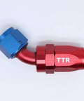 Close-up of an AN adapter fitting from a Three Eighth Inch Stainless Steel Braided Fuel Line Hose E85 Compatible Swivel Fittings Kit.
