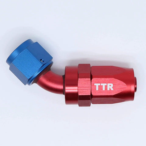 Close-up of an AN adapter fitting from a Three Eighth Inch Stainless Steel Braided Fuel Line Hose E85 Compatible Swivel Fittings Kit.