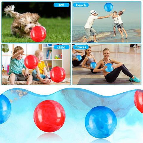 2 Pcs 8.5 Inch Large Marbleized Bouncy Balls Colorful Inflatable Balls for Adults Pet Party Supplies Beach Playground PVC(8.5 Inch,Red,Blue) in various settings like pet play, beach, child fun, and fitness.