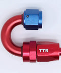 Red and blue swivel fitting for Three Eighth Inch Stainless Steel Braided Fuel Line Hose E85 Compatible Swivel Fittings Kit.