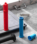 Red and blue Double Pack Tungsten Holder for TIG Welding Rods, 7.9 Inch Storage Tube With Magnetic Base, on a workbench