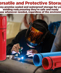 Welder working with Two Pack 14 Inch Welding Rod Storage Tubes in Red and Blue, waterproof electrode canisters in use.