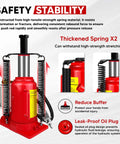 Heavy Duty 20 Ton Air Hydraulic Bottle Jack With Pneumatic Pump Ten And A Quarter Inch To Twenty Inch Lift Range Manual Handle Welded Steel Construction Chrome Piston Rod Includes Color Box For Cars Trucks RVs Auto Repair showing high-tensile spring and leak-proof plug features