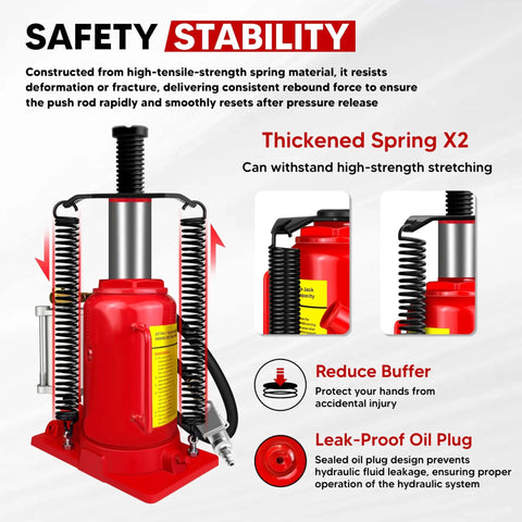 Heavy Duty 20 Ton Air Hydraulic Bottle Jack With Pneumatic Pump Ten And A Quarter Inch To Twenty Inch Lift Range Manual Handle Welded Steel Construction Chrome Piston Rod Includes Color Box For Cars Trucks RVs Auto Repair showing high-tensile spring and leak-proof plug features