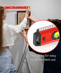 24 inch box level with three durable acrylic vials, precise 1/16 inch ruler, wall grip, and hand calibrated straightedge used on wall