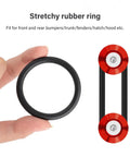 Red Aluminum Bumper Quick Release Kit with O Ring Fasteners showing rubber ring and assembled view with two red clips