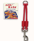Patented bungee leash extension delivers cushioned shock absorption for you and your dog, compatible with any leash, collar, or harness, reduces pulling and strain, essential for retractable leash safety and comfort. Red bungee leash extender next to packaging for reducing pulling.