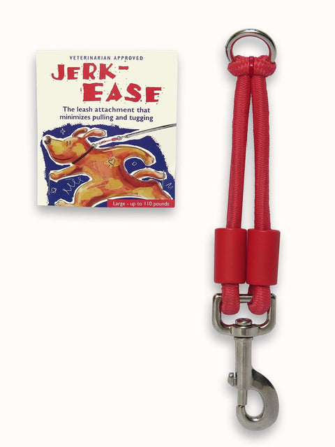 Patented bungee leash extension delivers cushioned shock absorption for you and your dog, compatible with any leash, collar, or harness, reduces pulling and strain, essential for retractable leash safety and comfort. Red bungee leash extender next to packaging for reducing pulling.