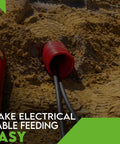 Red conduit partially buried in sand, illustrating use of 441-4 Inch Feeding Sheave For 4 Inch Conduit With Bearing Spin System.