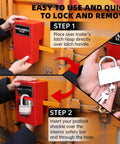 Protect valuables with a heavy duty door lock kit built for cam bar style latches on shipping containers, semi trailers, and conex lids, including a padlock and rugged housing for anti theft security and durable weatherproof protection. Image shows installation steps of red lock on yellow trailer.