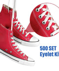 Red sneakers with silver eyelets highlighting 500 Pcs Grommet and Washer Kit for Leather, Fabric and Bags 1/4 Inch Inner Diameter Silver Finish Eyelets.