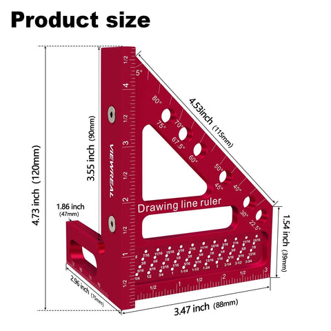 Premium Carpenter Square Scribing Ruler For Woodworking, Engineering, And Construction, detailed dimensions and angle pin holes shown