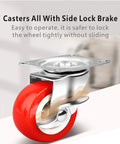 Heavy Duty 1.5 Inch Caster Wheels Set Of 12 With Brakes, Red PVC wheel, steel plate, side lock brake, close-up view