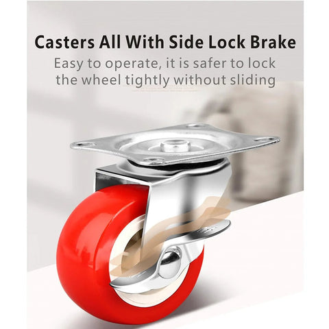 Heavy Duty 1.5 Inch Caster Wheels Set Of 12 With Brakes, Red PVC wheel, steel plate, side lock brake, close-up view