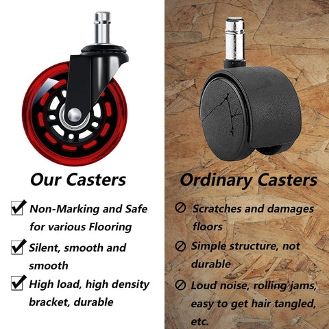 Comparison of Three Inch Red Transparent Office Chair Wheels Set Of Five Swivel Casters for Carpet and Hard Floors with ordinary casters