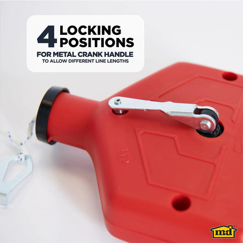 Durable ABS Tuff Line contractor chalk reel with 4 locking positions, red housing and metal crank for precise layout marking.