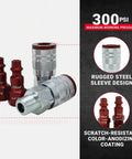 Image showing ColorFit M-Style Coupler And Plug Kit Red 1/4 Inch NPT, 14-Piece Set with steel design and color-coding features.