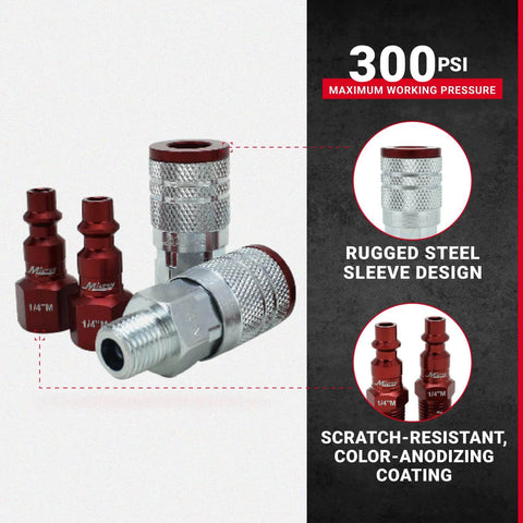 Image showing ColorFit M-Style Coupler And Plug Kit Red 1/4 Inch NPT, 14-Piece Set with steel design and color-coding features.