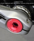 Red Crank Tension Bolt on Bicycle Arm, Cycling Screw, 105 End Bike Dust Covers, Gold Crankset M20 Bolts, Installed