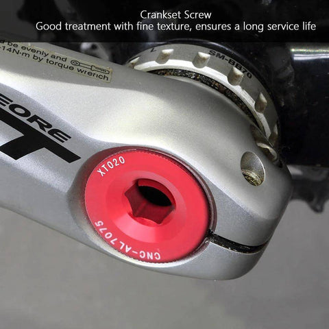 Red Crank Tension Bolt on Bicycle Arm, Cycling Screw, 105 End Bike Dust Covers, Gold Crankset M20 Bolts, Installed