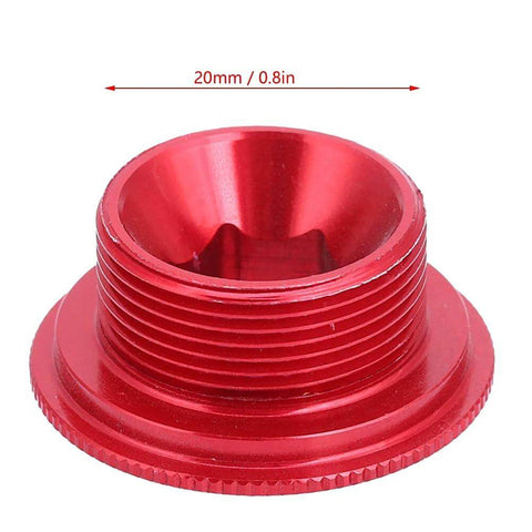 Red crank tension bolt for SLX 590/596, M20, shown in close-up view, aluminum, focus on screw threads, cycling accessory.