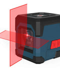 Self-leveling cross line laser projects bright red horizontal and vertical lines with 110° coverage and 360° rotation for precise tiling