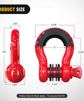 Diagram showing dimensions of 2 Pack D Ring Shackles 9,500 Lb Capacity Off Road Recovery Shackle With Seven Eighth Inch Pin Red