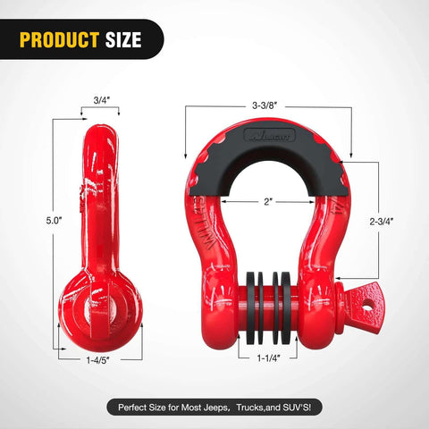 Diagram showing dimensions of 2 Pack D Ring Shackles 9,500 Lb Capacity Off Road Recovery Shackle With Seven Eighth Inch Pin Red
