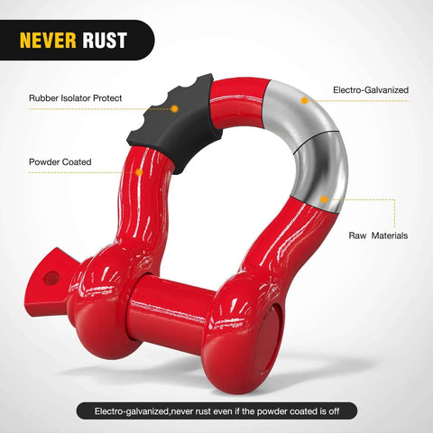 2 Pack D Ring Shackles 9,500 Lb Capacity Off Road Recovery Shackle With Seven Eighth Inch Pin Red, electro-galvanized, rubber isolator
