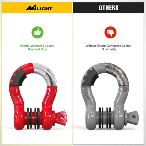 Comparison of Nilight 2 Pack D Ring Shackles 9,500 Lb Capacity Off Road Recovery Shackle With Seven Eighth Inch Pin Red versus competitor.