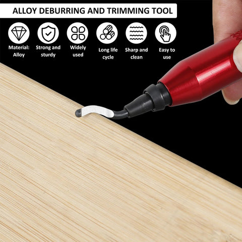Deburring Tool Kit With 10 Extra Blades And 1 Handle For Precise Burr Removal being used on wood surface