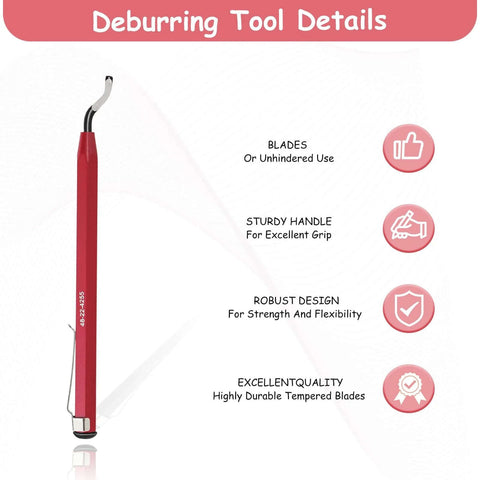 Pro Grade Reaming Pen For Replacement With Heat Treated Blades And Black Oxide All Metal Design 360 Degree Rotary Head Deburring Tool For Metals Copper Tubes PVC Aluminum Brass Cast Iron 3D Printing Resins And Plastic No Fuss, showing a red handle and robust design with text details about blade and grip quality.
