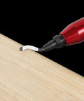Deburring tool kit with 10 extra blades and red handle alloy burr removal tool in use, smoothing wooden edge for crafting precision.