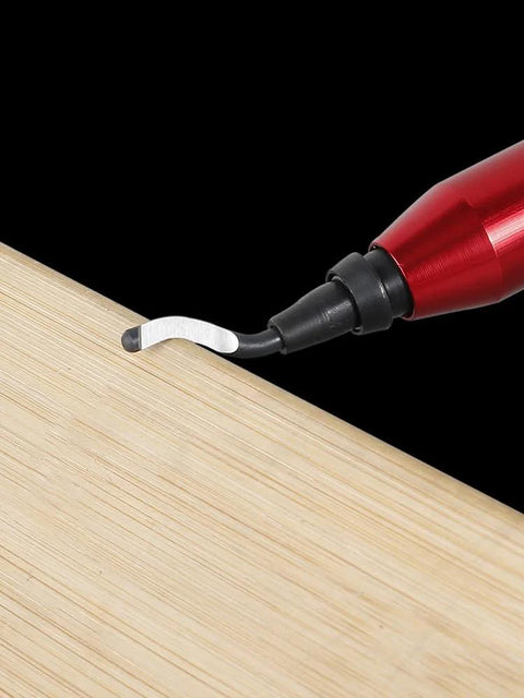 Deburring tool kit with 10 extra blades and red handle alloy burr removal tool in use, smoothing wooden edge for crafting precision.