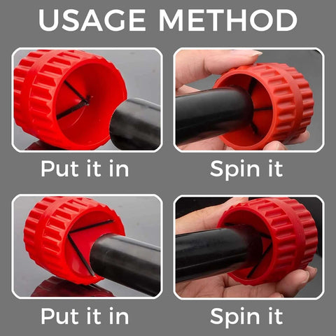 Two Piece Pipe Deburring Kit With Reamer And Chamfer Tools For PVC PPR Copper Brass Aluminum Tubes showing usage method