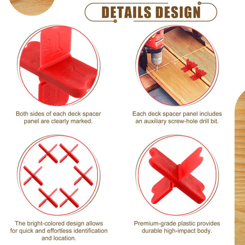 Six Piece Deck Spacer Tool Set With Four Size X Shaped Spacers For One Sixteenth One Eighth Three Sixteenths One Quarter Inch Gaps On Composite Or Pressure Treated Wood ABS Plastic Red Deck Spacers in use