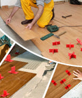Six Piece Deck Spacer Tool Set With Four Size X Shaped Spacers For One Sixteenth One Eighth Three Sixteenths One Quarter Inch Gaps On Composite Or Pressure Treated Wood ABS Plastic Red Deck Spacers For Clean Even Gaps And Faster Deck Building shown in use on floorboards.