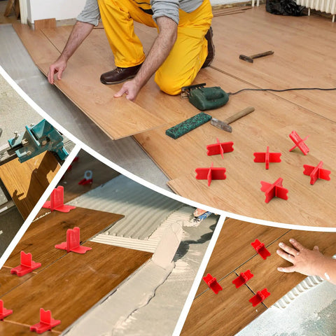 Six Piece Deck Spacer Tool Set With Four Size X Shaped Spacers For One Sixteenth One Eighth Three Sixteenths One Quarter Inch Gaps On Composite Or Pressure Treated Wood ABS Plastic Red Deck Spacers For Clean Even Gaps And Faster Deck Building shown in use on floorboards.