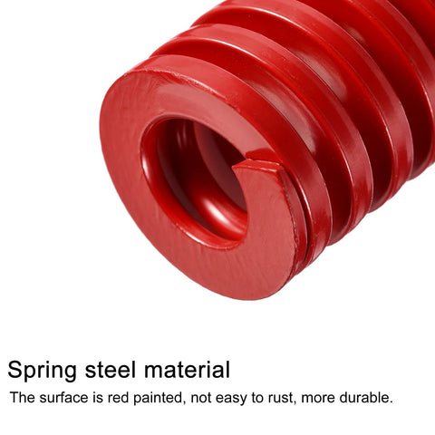 Close-up of red die spring showing 65Mn material and rectangular section, part of Two Pack Red Die Springs For 3D Printers, 20mm OD, 11mm ID.