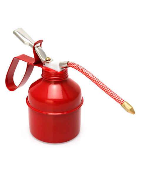 Red Powder Coated Steel Pistol Style Oil Can 12 Ounce 400 Ml With Flexible Tube Manual Pump Oiler 2 Pack For Tight Space Lubrication Dome Shaped Bottle Durable Classic Oiler By QWORK