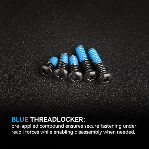 Red Dot Sight Mounting Screws Set with blue threadlocker, showing screws with RMR compatibility and various sizes for secure optic mounting.