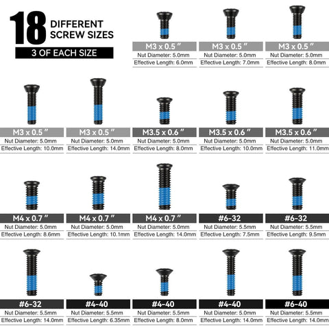 Red Dot Sight Mounting Screws Set – 18 Sets Compatibel with RMR Screws Include 18 different sizes, 3 pieces each for optics mounting