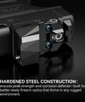 Red Dot Sight Mounting Screws Set attached on pistol for optics mounting with rugged construction label