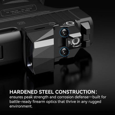 Red Dot Sight Mounting Screws Set attached on pistol for optics mounting with rugged construction label